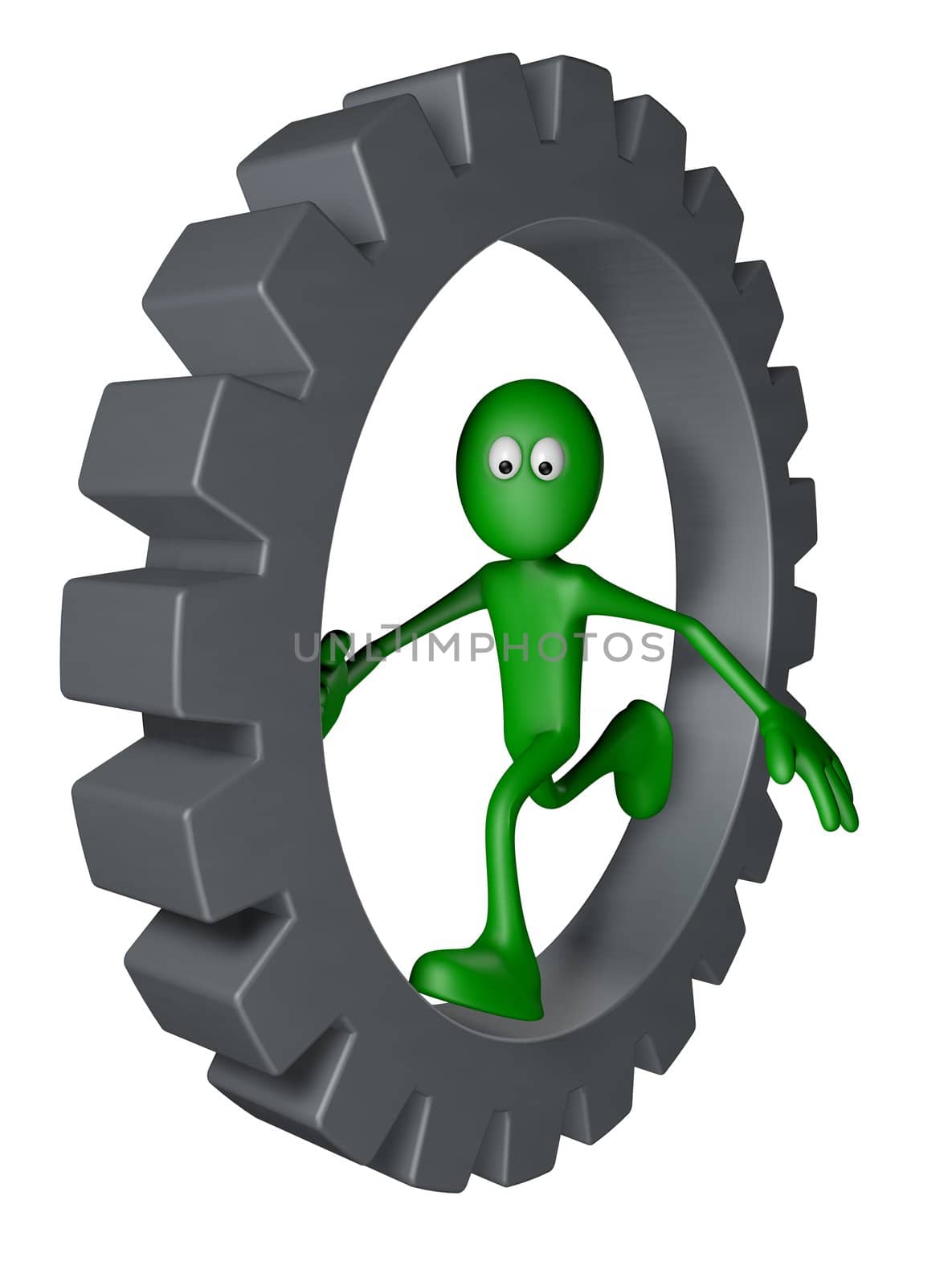 green guy is running inside gear wheel - 3d illustration
