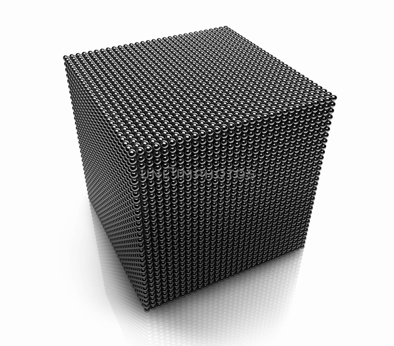 Large cube made ​​of a small chrome balls, 3d render