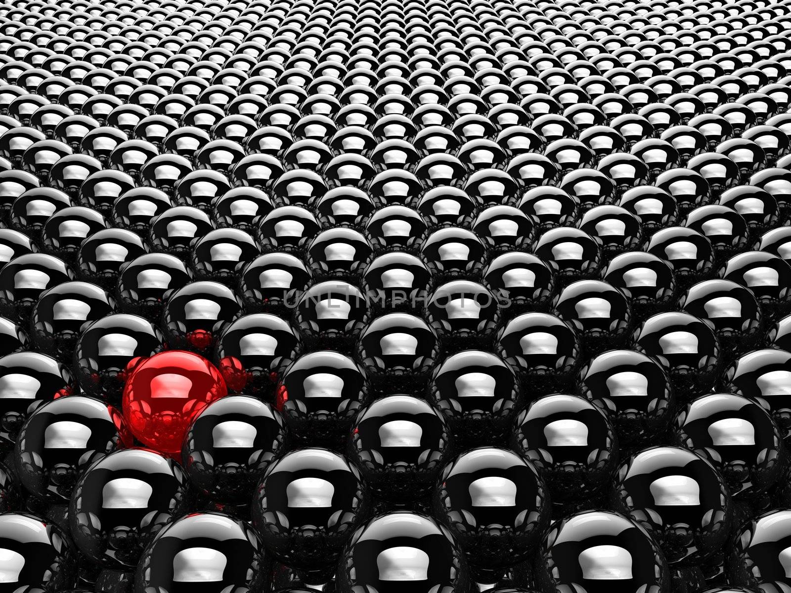 Lots of chrome black balls with one red, 3d render