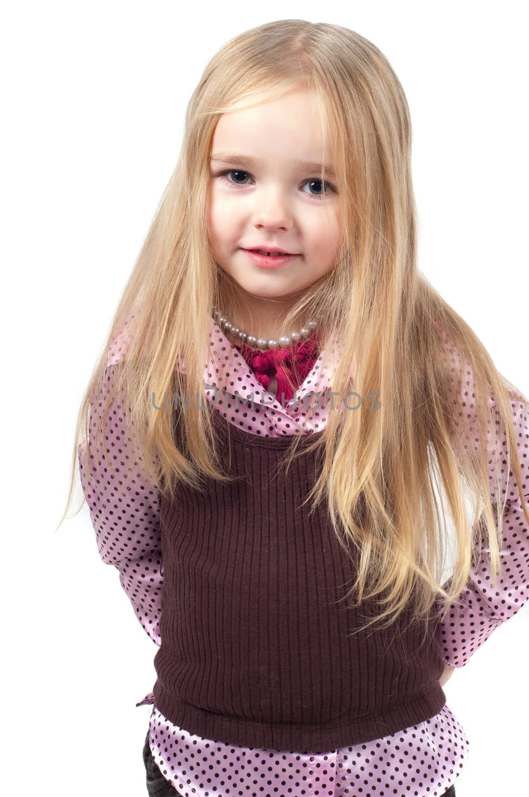 Portrait of little cute girl with long hair isolated on white