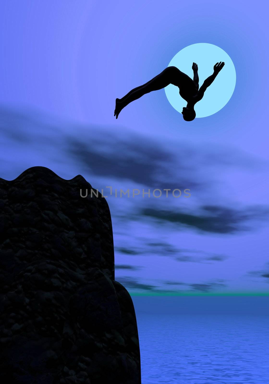 Man diving from the top of a rocky mountain by night with full moon