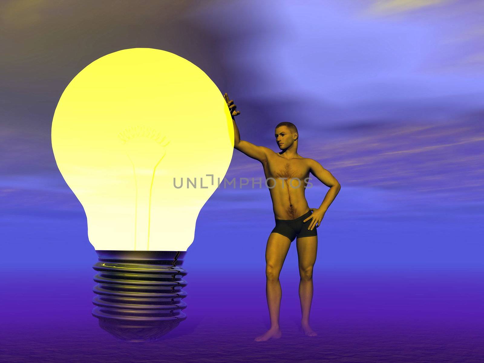 A man leaning against a light bulb on asking for an idea or happy to have it