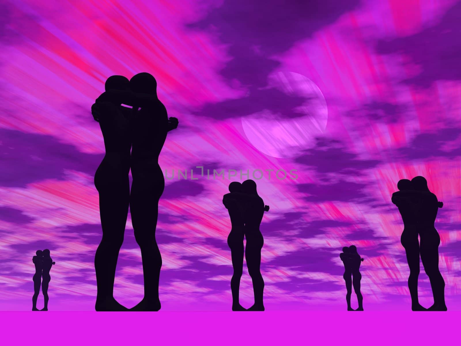 Shadows of many couple hugging in pink and violet background with full moon and rays