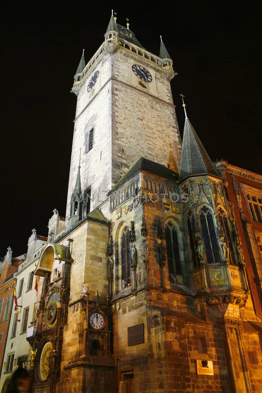 Tower with astronomical clock at Prague city, Czech Republic, at night