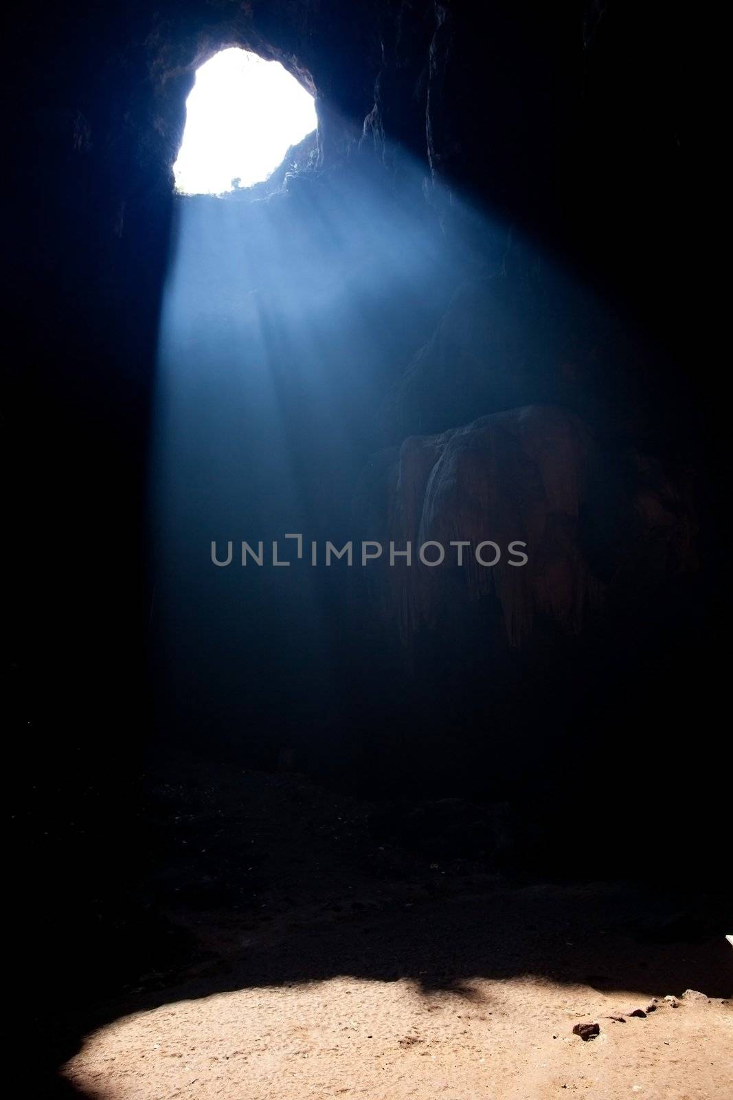 Sun rays in cave of Thailand