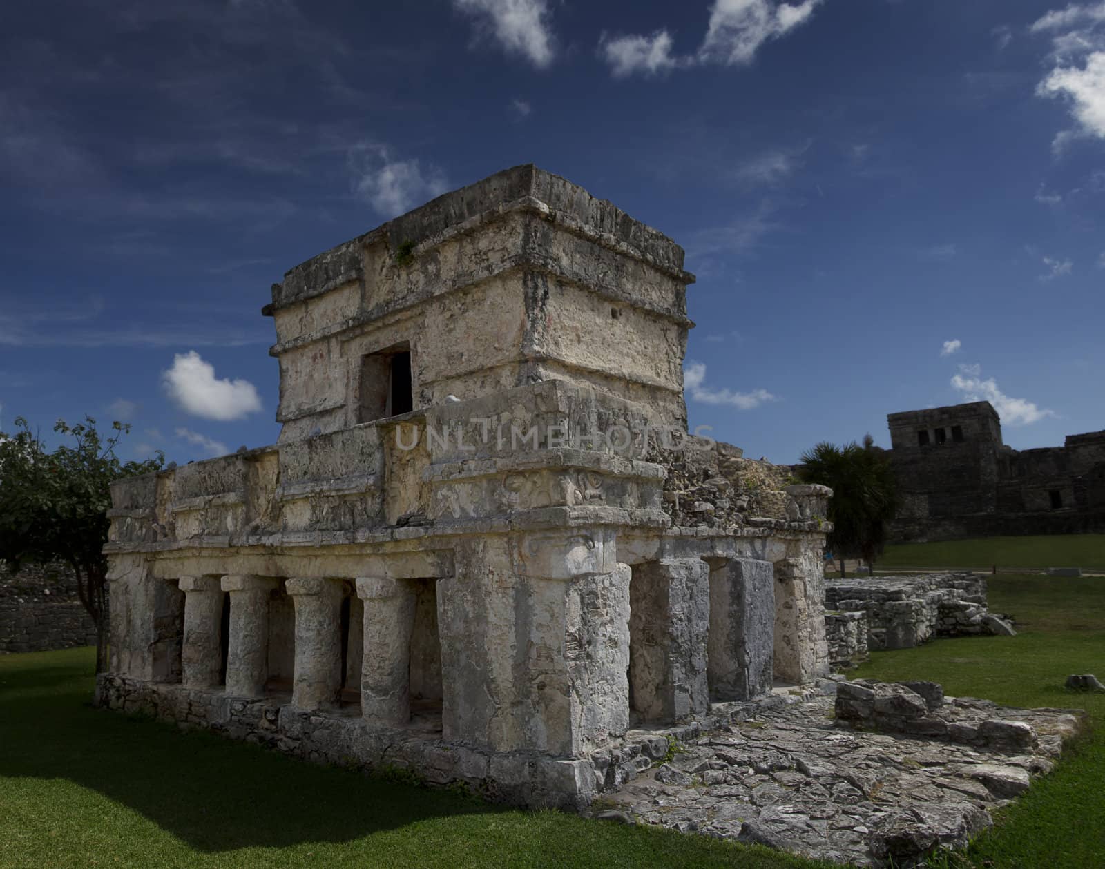  Panoramic view of a ruined mayan temple in Tulum