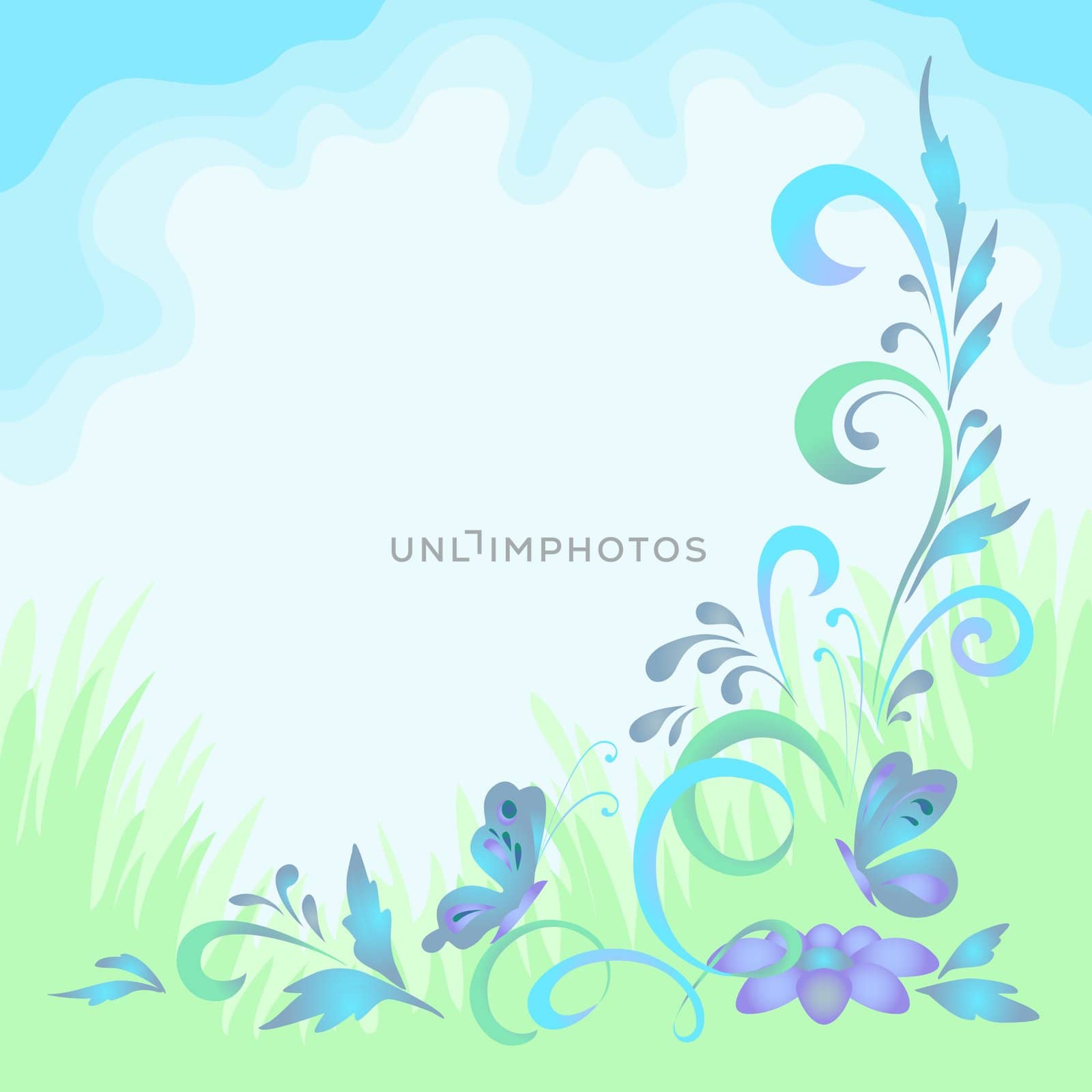 Abstract floral green and blue background with symbolical flowers and butterflies