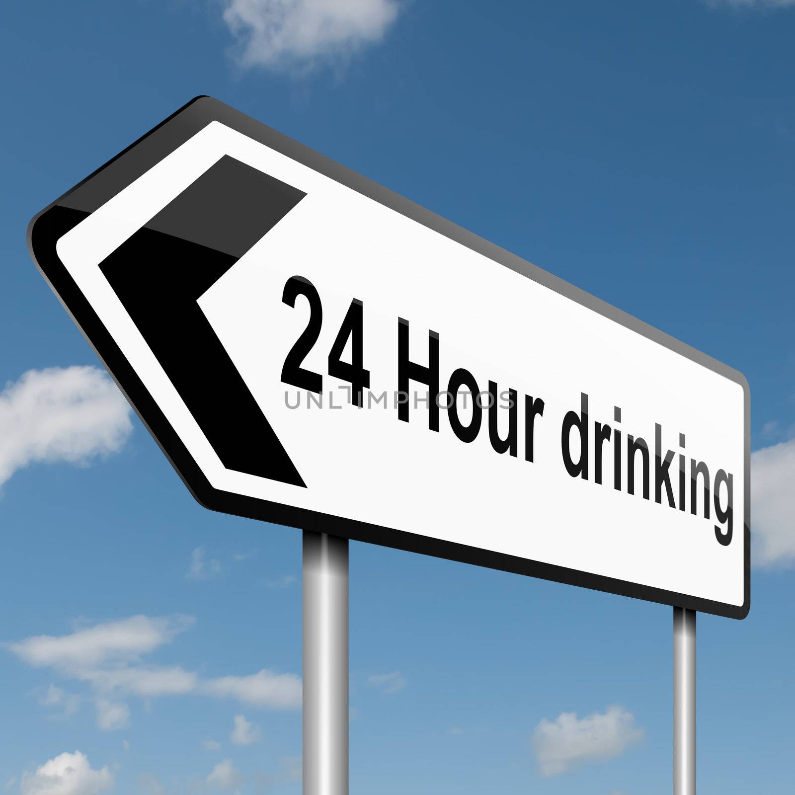 Illustration depicting a road traffic sign with a 24 hour drinking concept. Blue sky background.