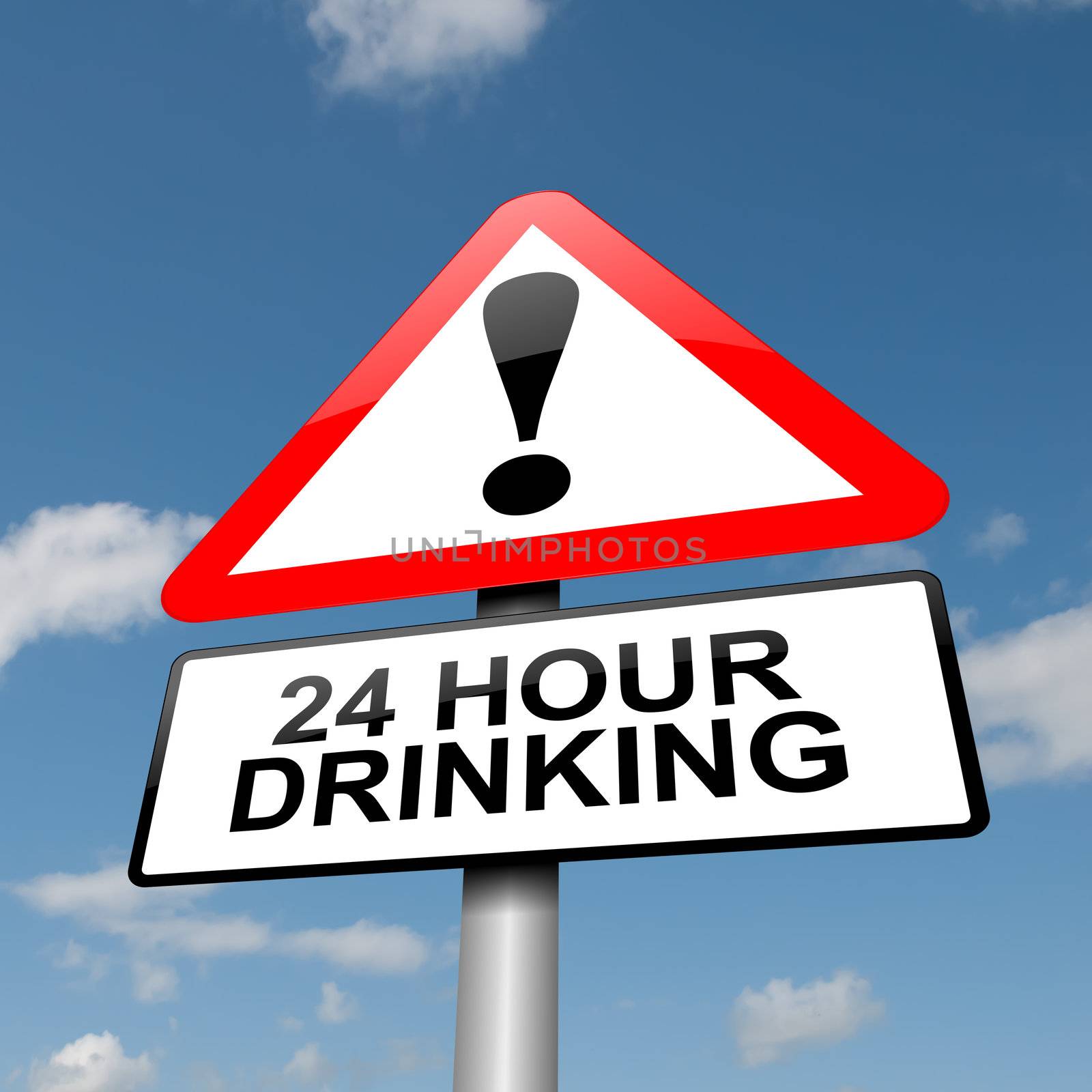 Illustration depicting a road traffic sign with a 24 hour drinking concept. Blue sky background.