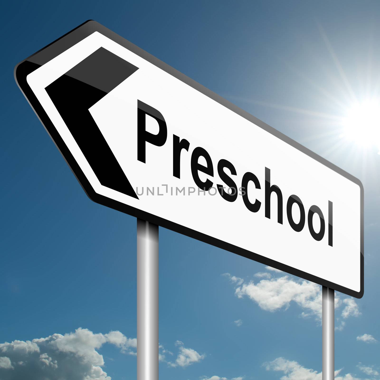 Illustration depicting a road traffic sign with a preschool concept. Blue sky background.