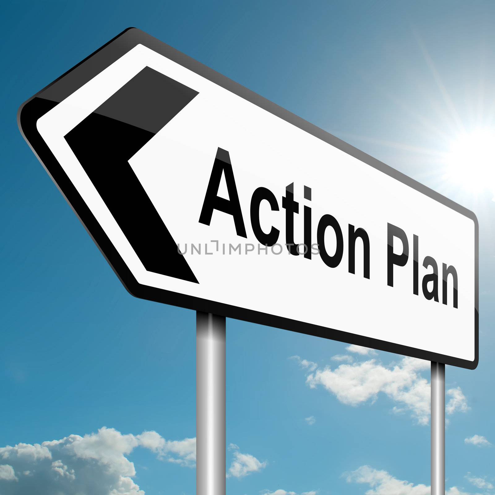 Illustration depicting a road traffic sign with an action plan concept. Blue sky background.