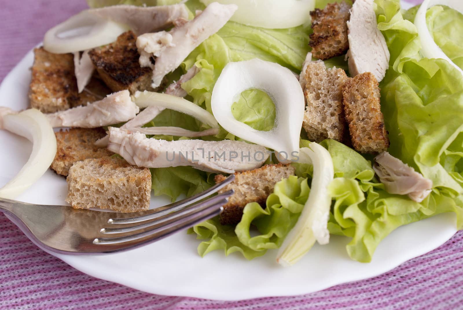 Creative salad from fresh vegetables with meat of a hen and fried bread