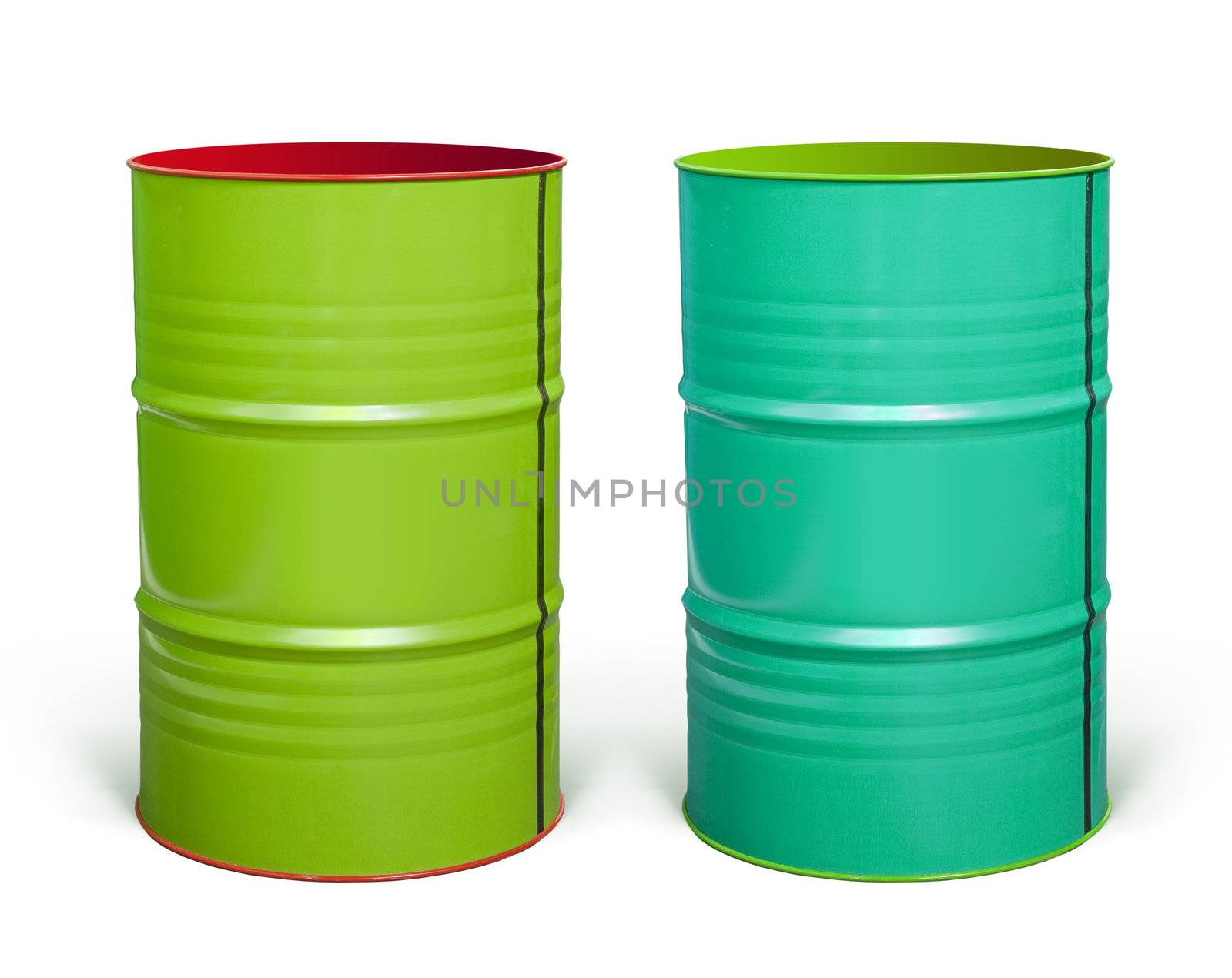 two coloured steel barrels on white background with paths