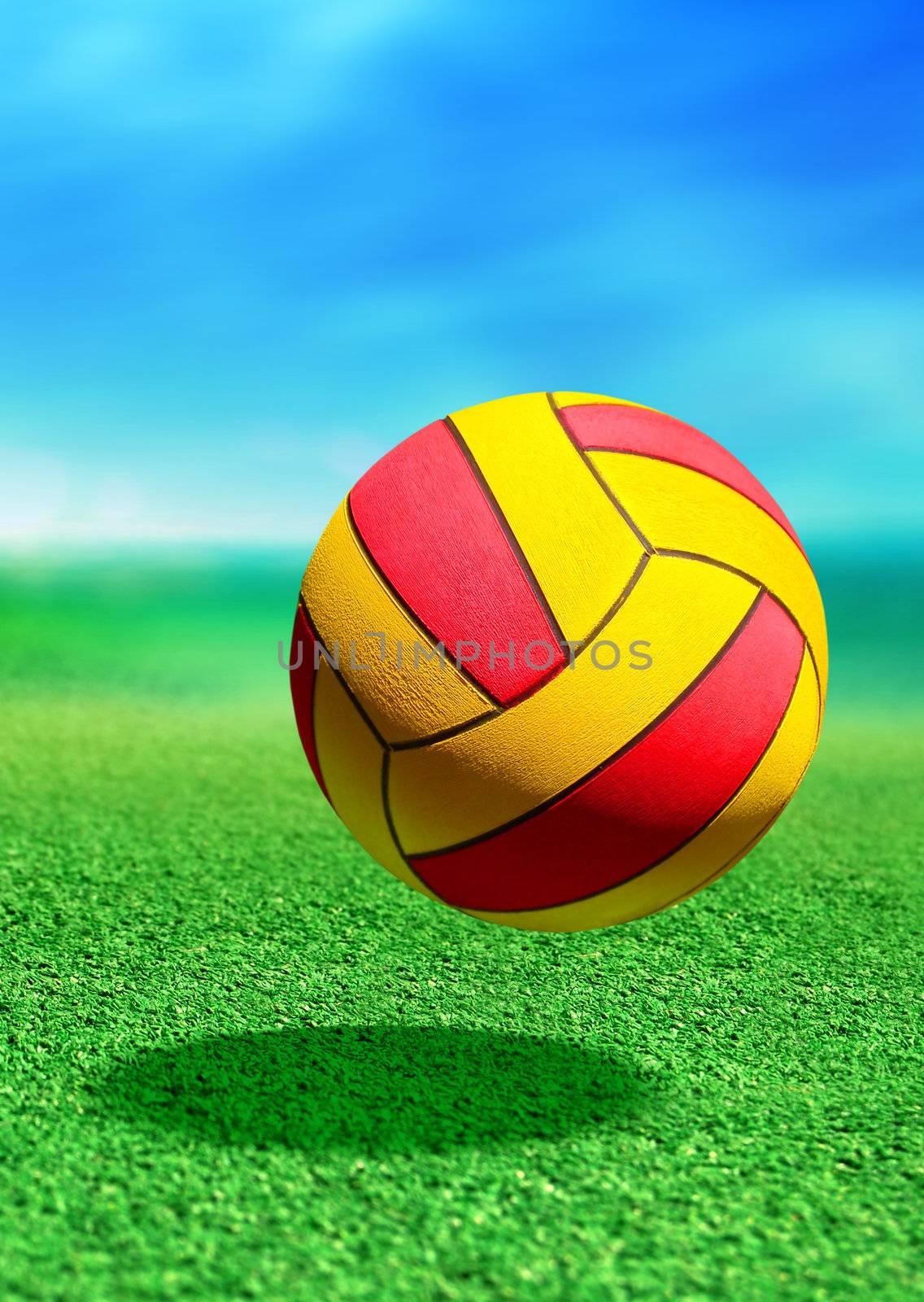 multicolored ball on green ground in motion