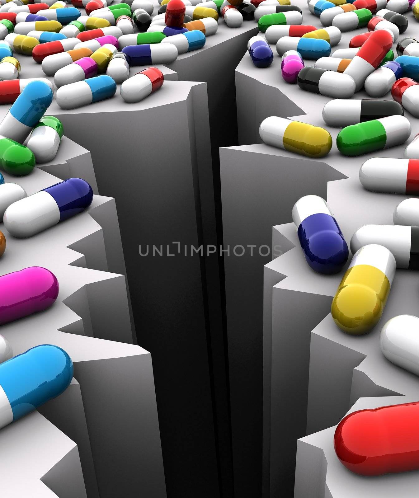 Symbolic concept of hazardous cure, high risk illness treatment or dangers of addiction. Idea is portrayed by dozens of pills in various colors rendered near mouth of endless abyss. Scene rendered on white background.