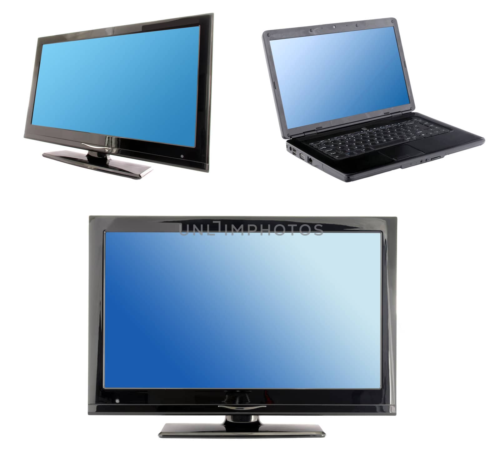 set of blue screens: lcd tv monitor and laptop 