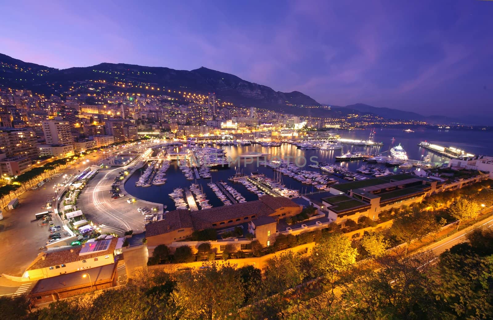 night scene of Monte Carlo harbor in Monaco 