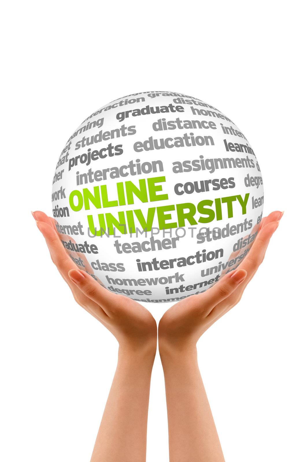 Hands holding a Online University Word Sphere sign on white background.