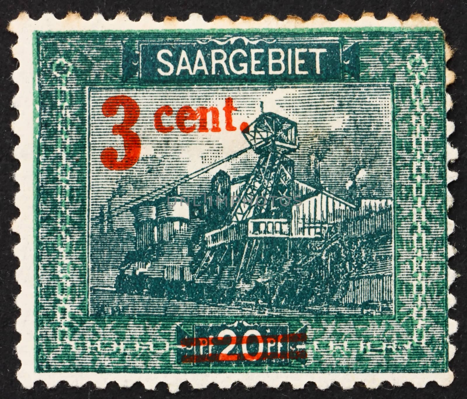 GERMANY - CIRCA 1921: a stamp printed in the Saar, Germany shows Entrance to Reden Mine, circa 1921