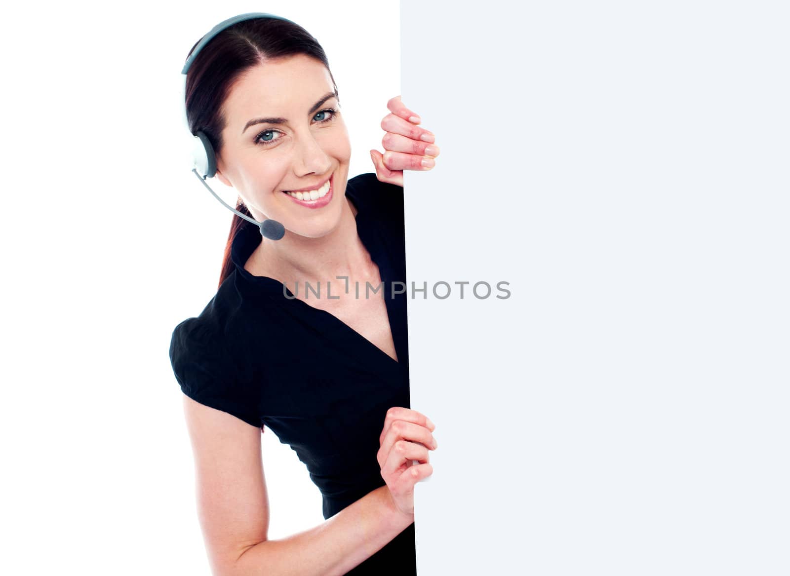 Business woman with headset and banner ad isolated over white background
