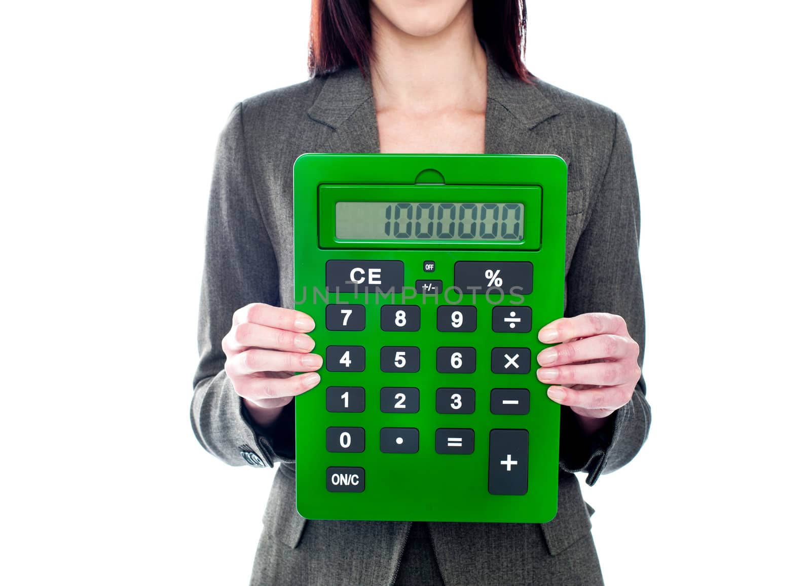 Business woman holding calculator. Focus on calculator. All on white background