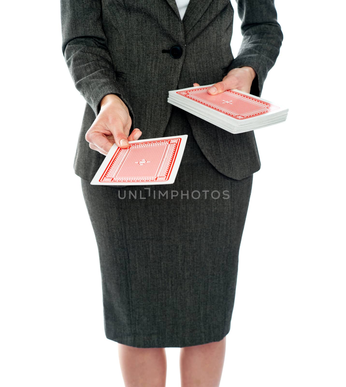 Focus on playing cards. Woman offering them. All on white background