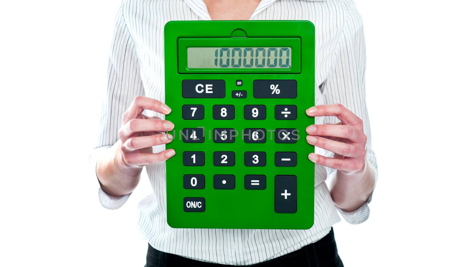Focus on green calculator. Woman holding. Business concept
