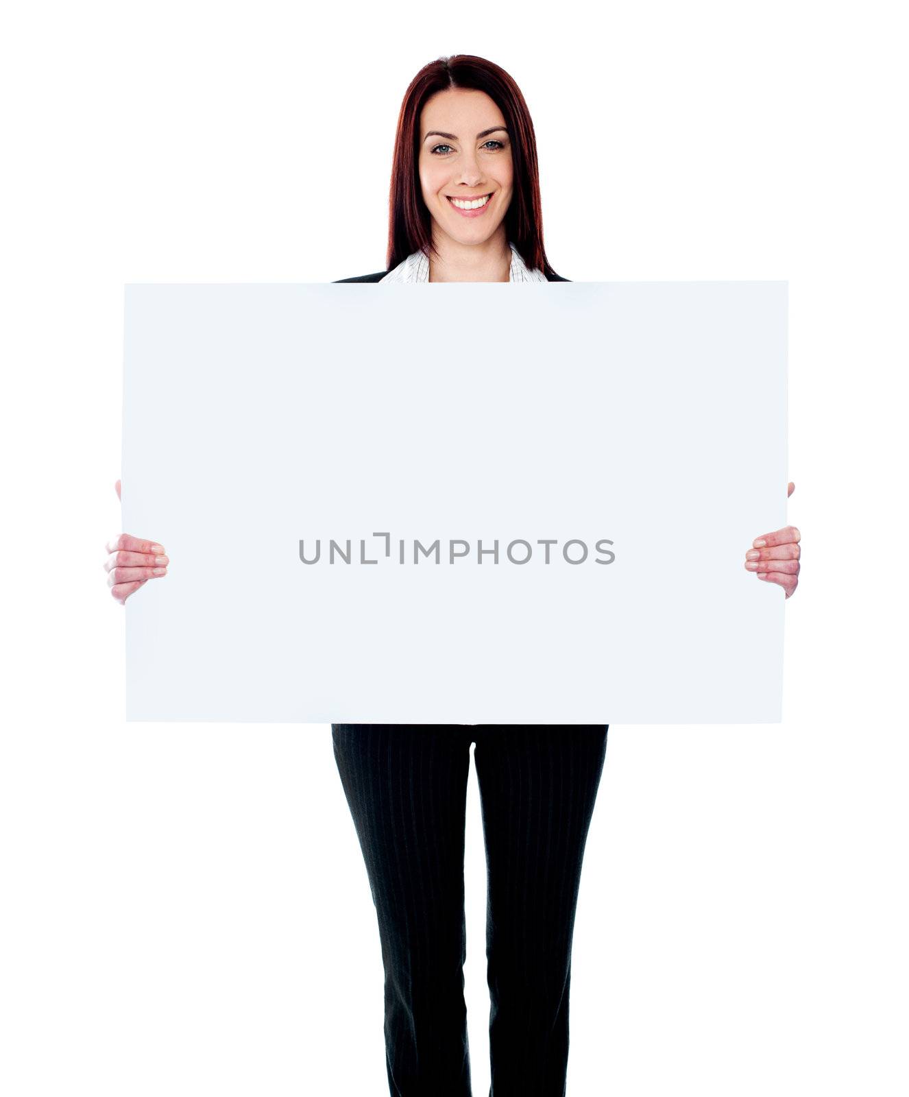 Caucasian businesswoman holding a blank billboard isolated on white background