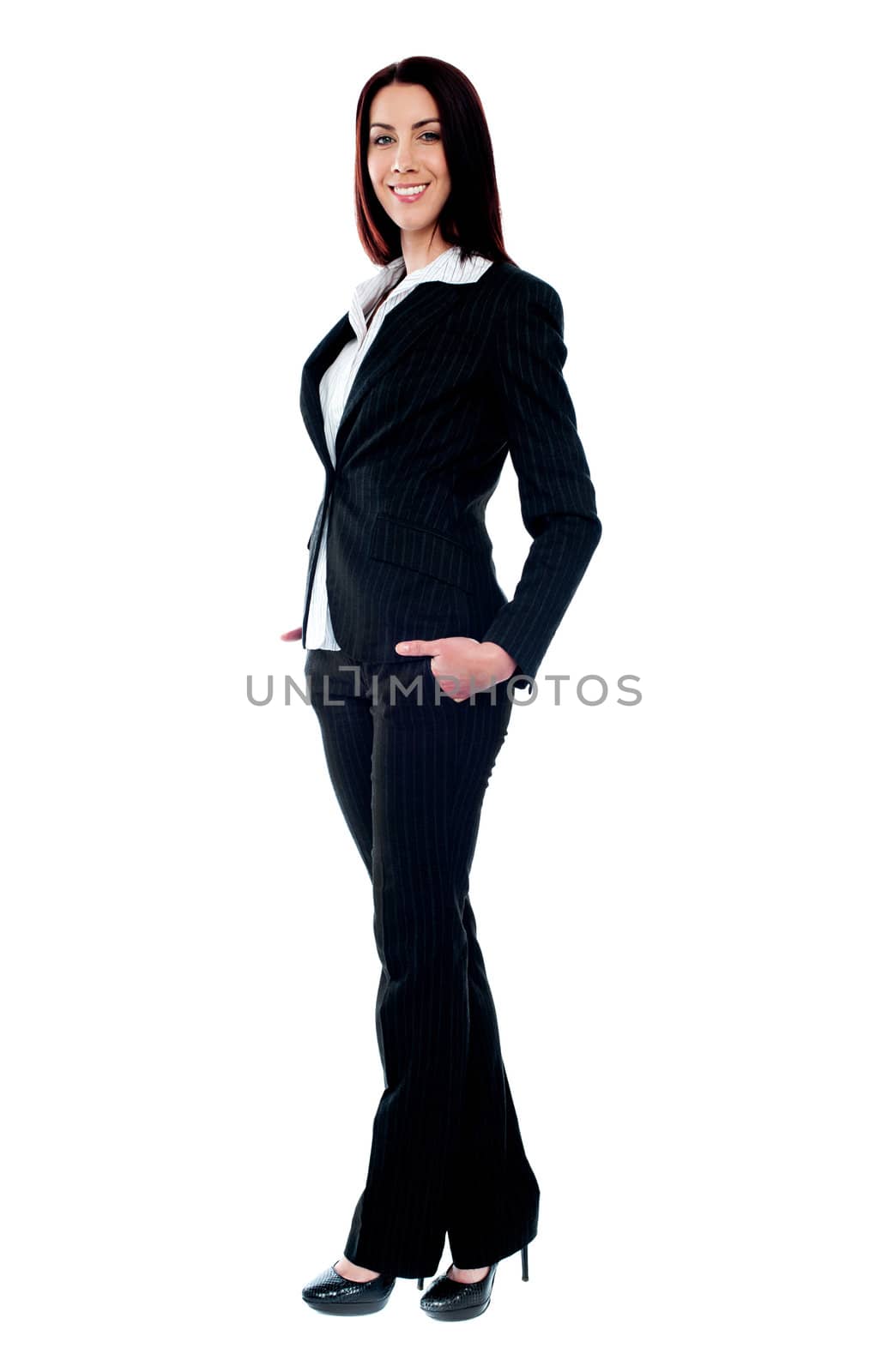 Full length of beautiful stylish businesswoman isolated