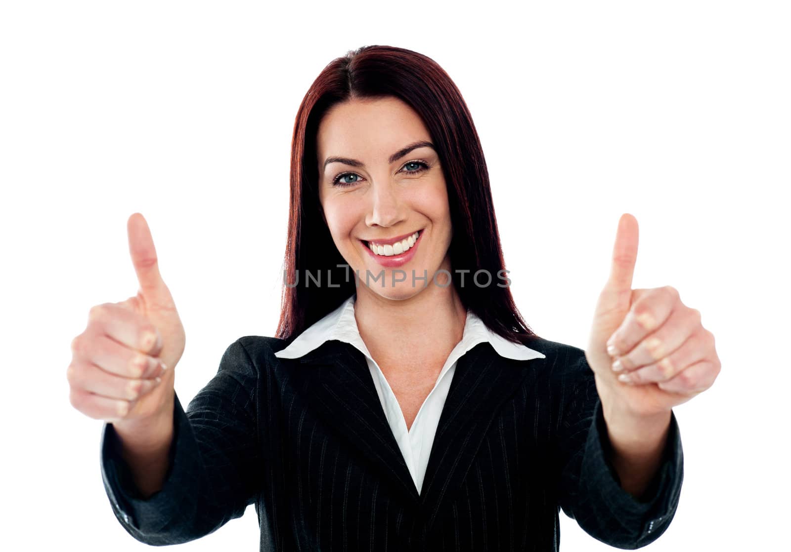 Confident businesswoman showing double thumbs-up isolated over white