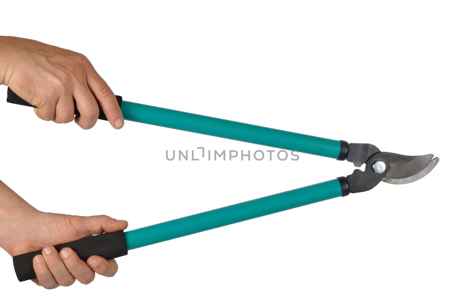Hand with loppers isolated on white background
