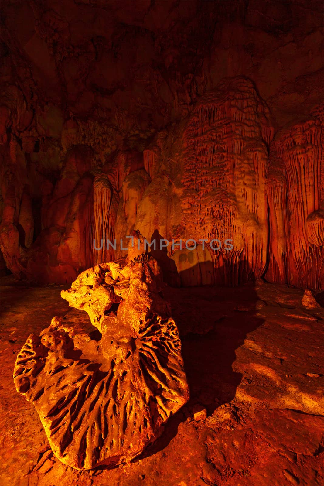 Stalagmite rock formations in cave. Chiang Dao, Thailand