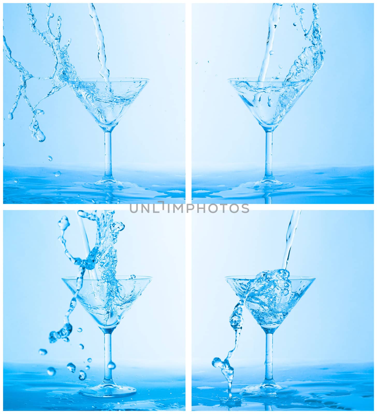 Collage of Water Splashing in a Wineglass, on blue background