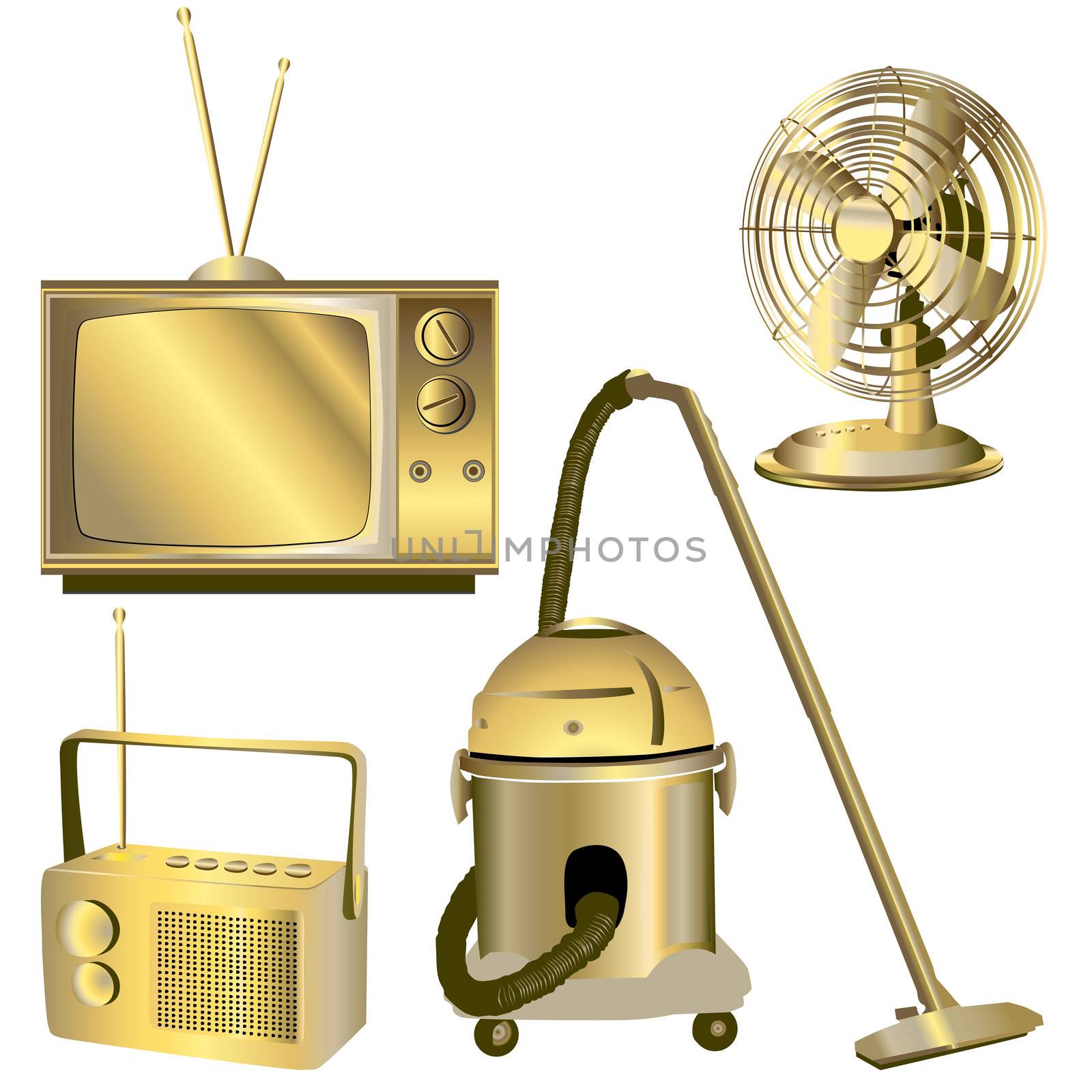 golden retro electric objects isolated on white