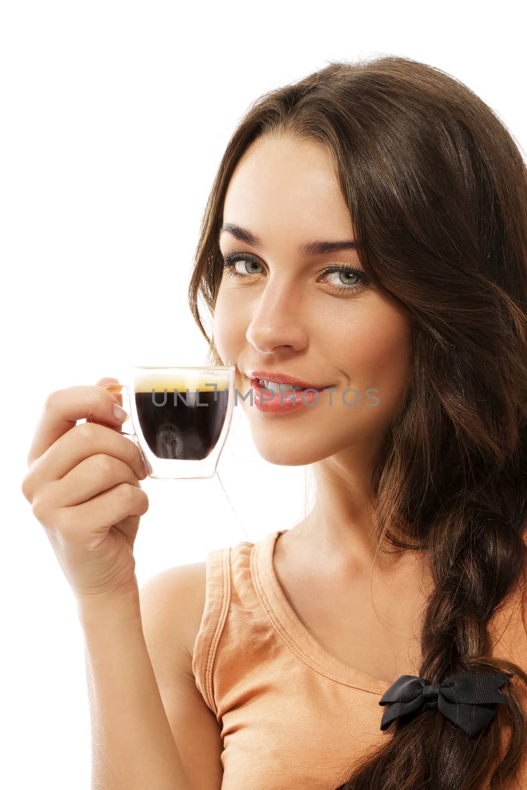 cute smiling beautiful woman with a cup of espresso coffee on white background