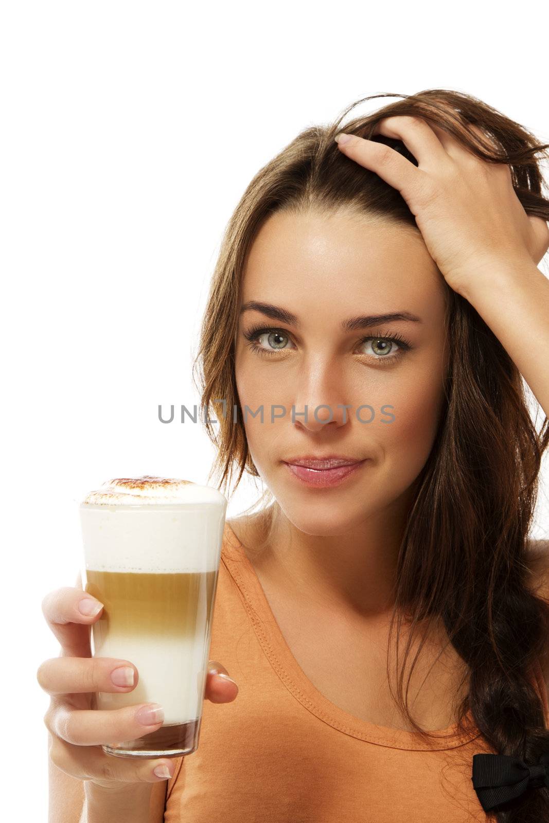 cute young woman holding her hair with latte macchiato coffee in her hand by RobStark