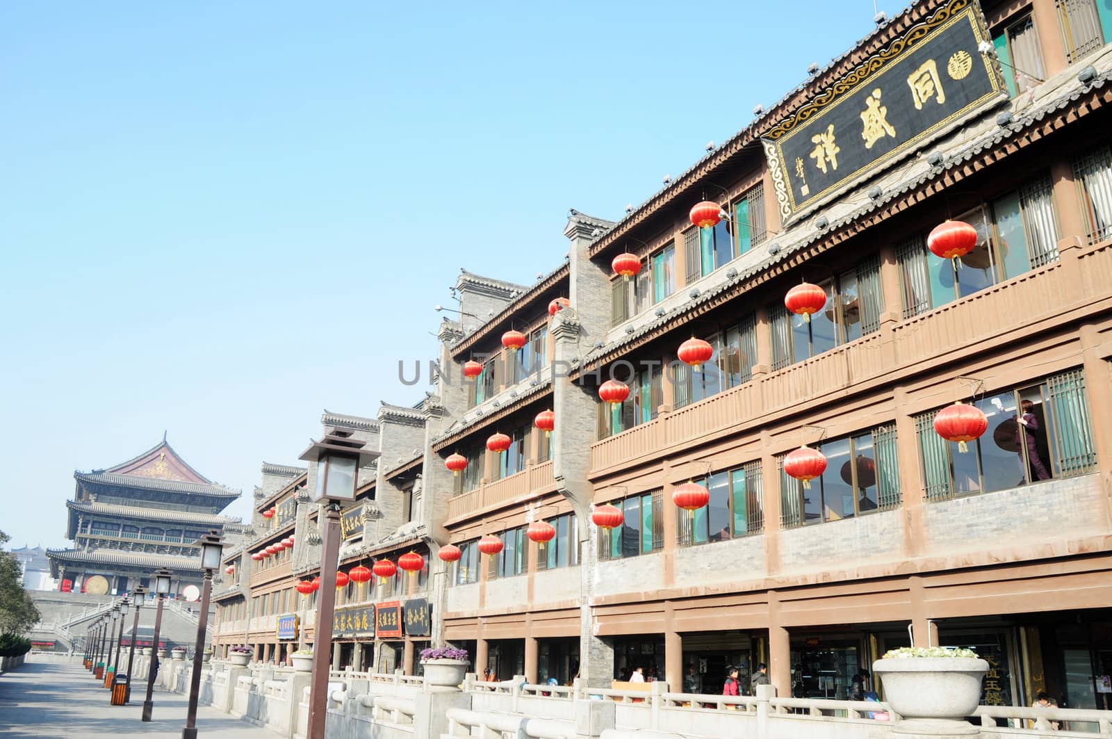 Landmark of Historic buildings downtown of Xian China by the Drum Tower