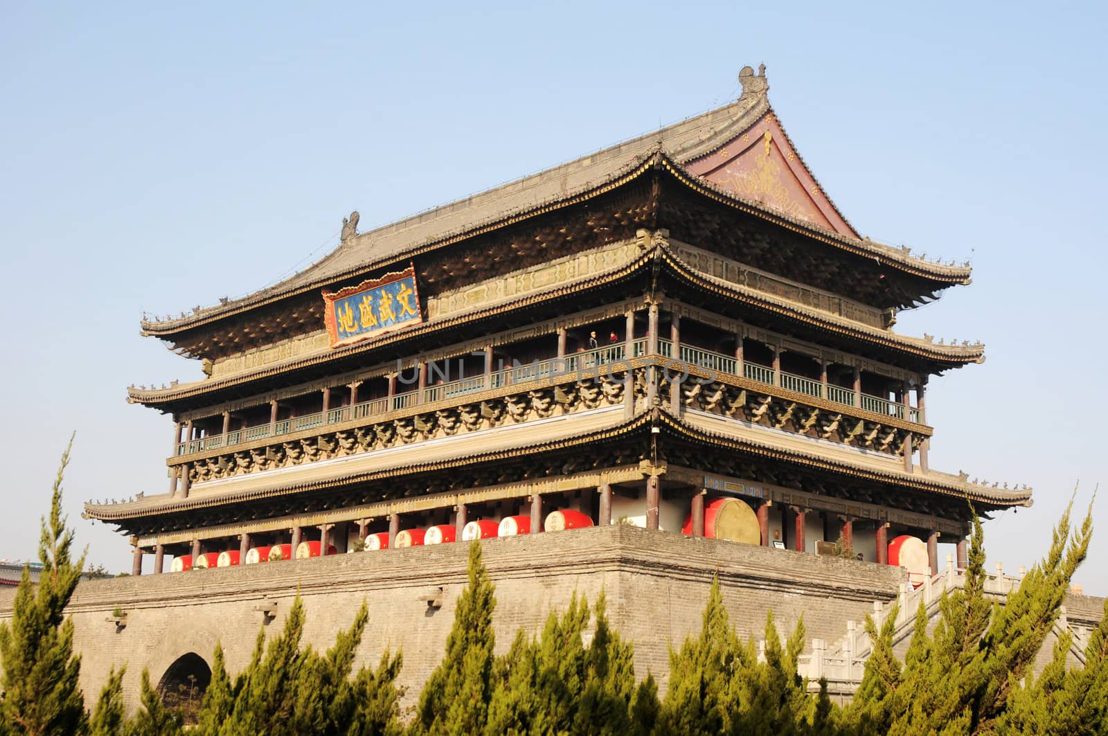 Landmark of the famous ancient Drum Tower in Xian China