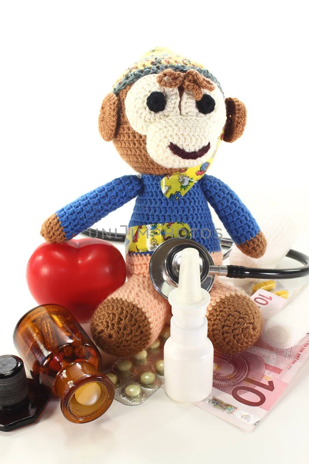 Pediatrician - with crochet monkey, money, drugs, heart and stethoscope