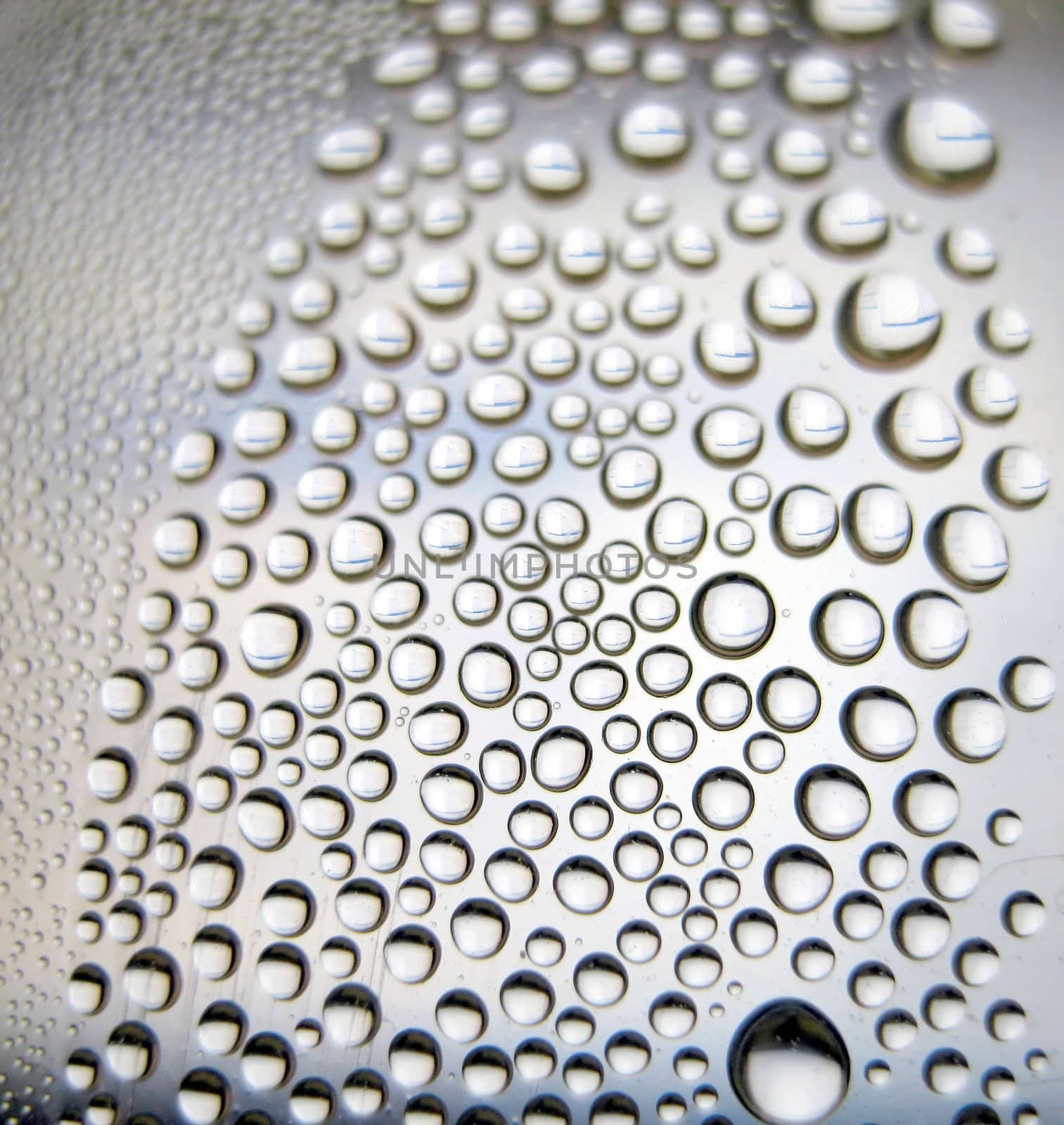 Water drops on the curve transparent surface. Shallow DOF.