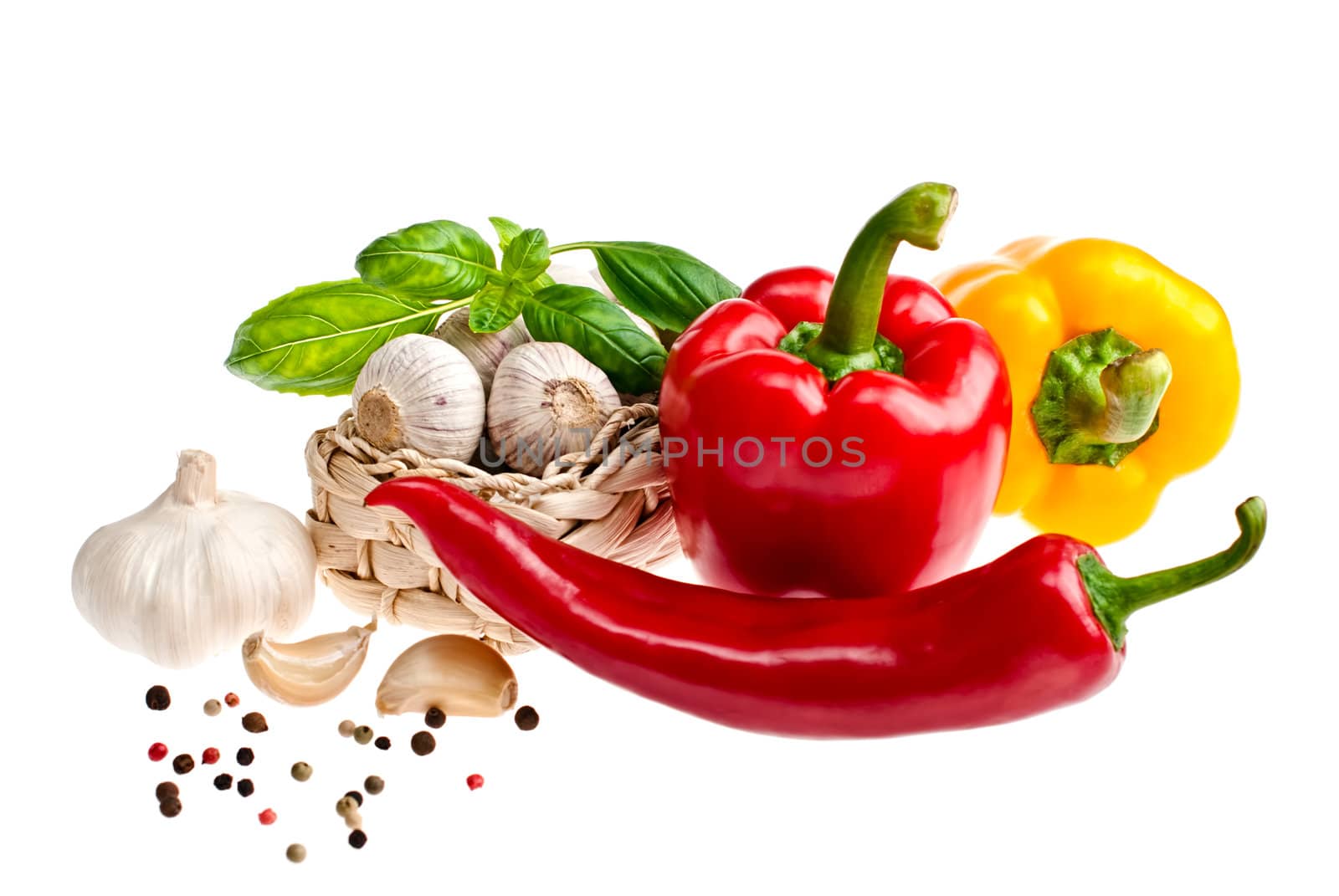 Pepper, garlic shot in the studio on a white background.