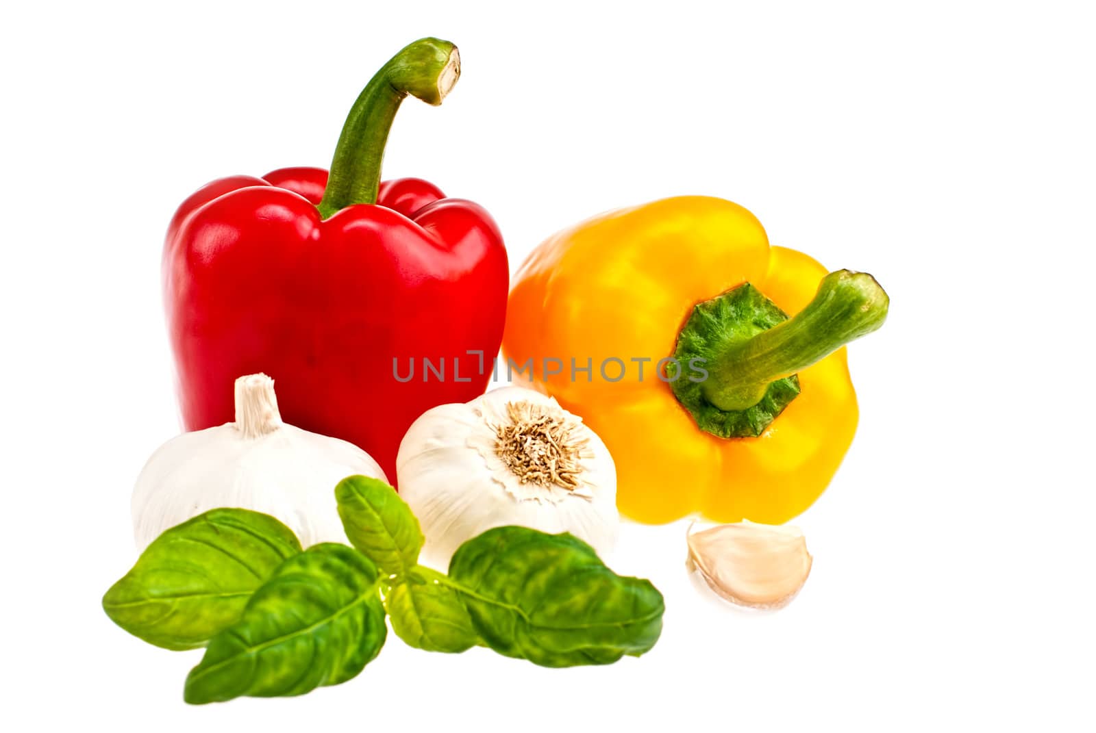 Pepper, garlic shot in the studio on a white background.