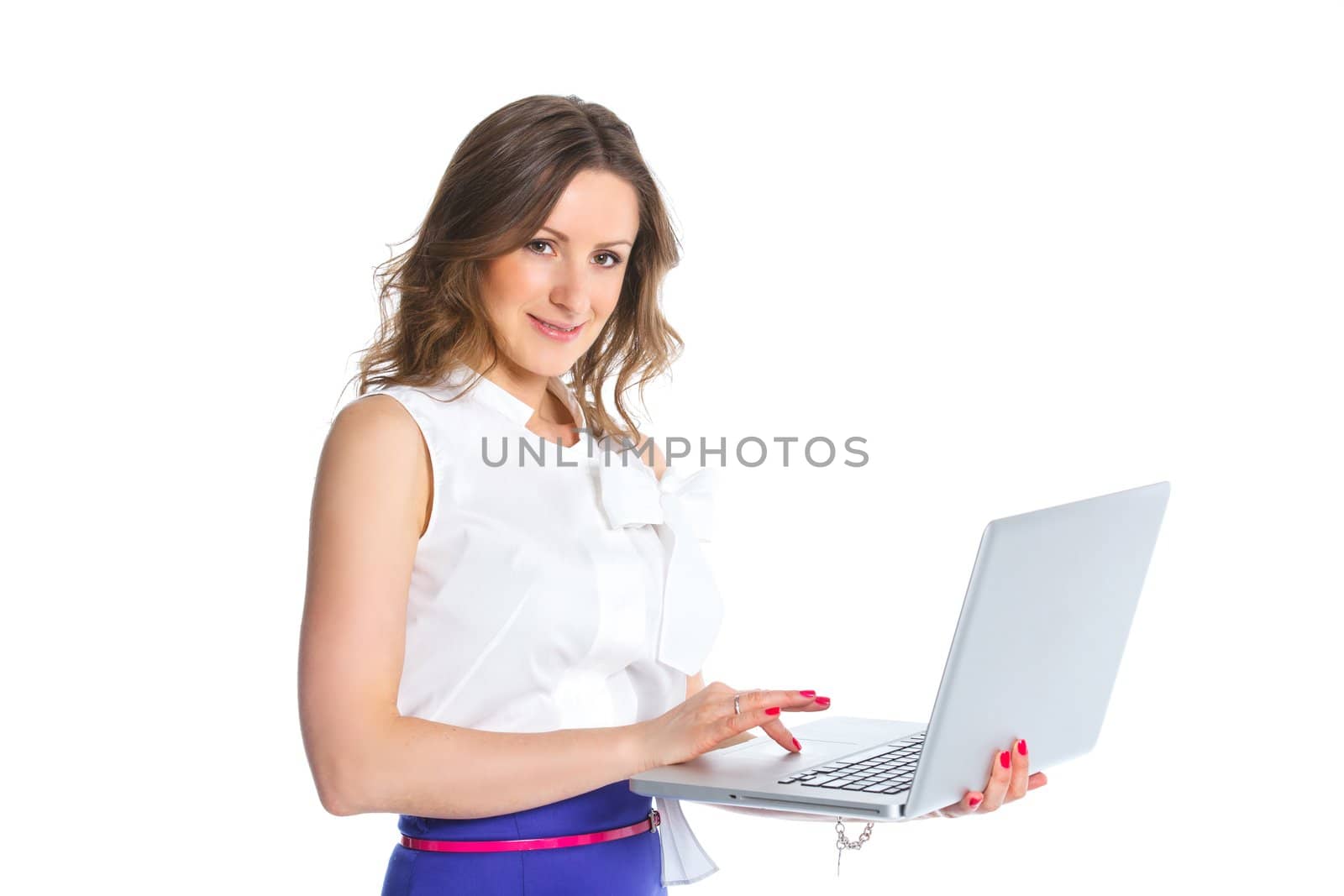 Portrait of a happy young business woman standing with notebook against white background