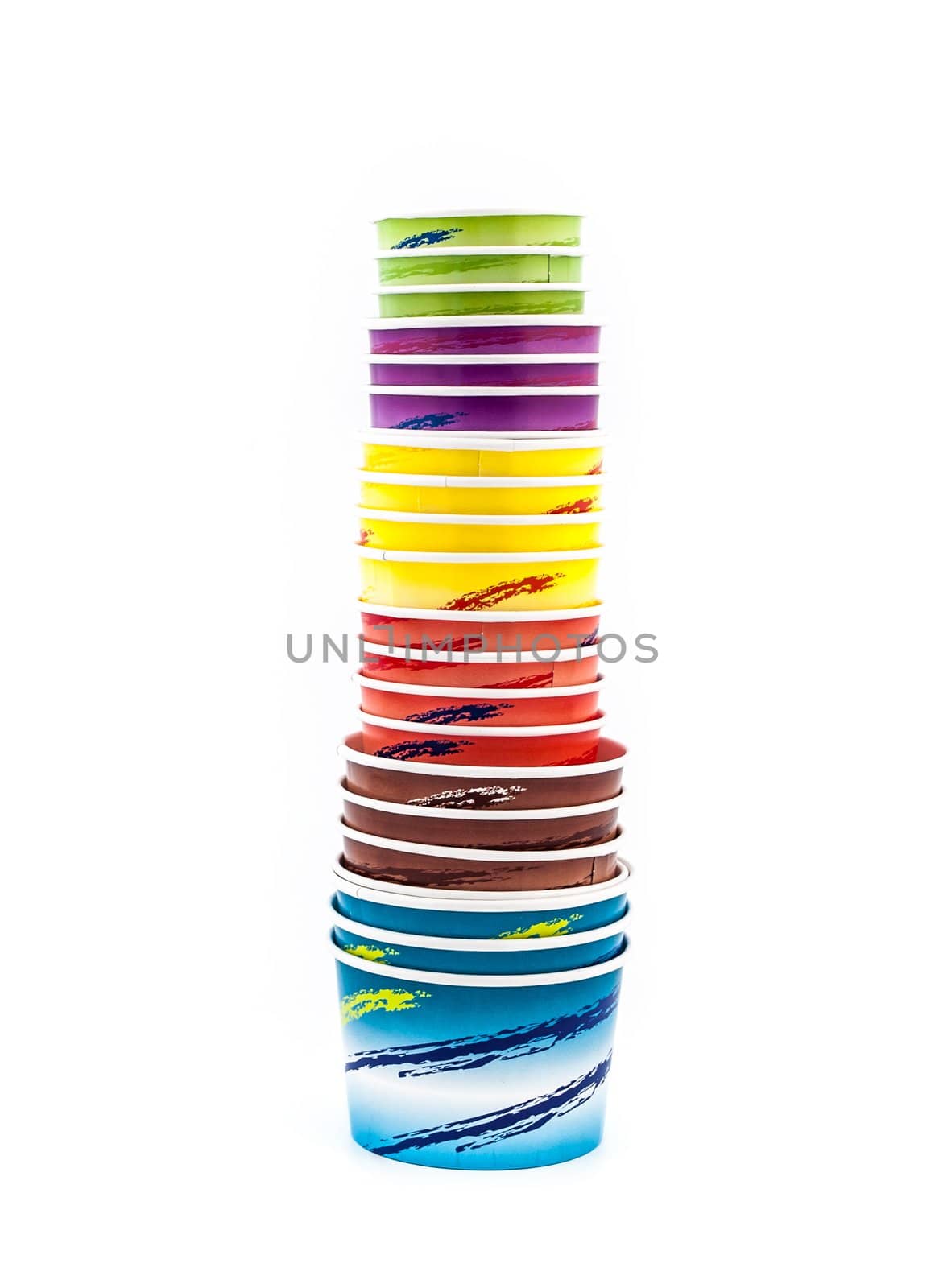 Colorfull icecream paper cup piled on white background