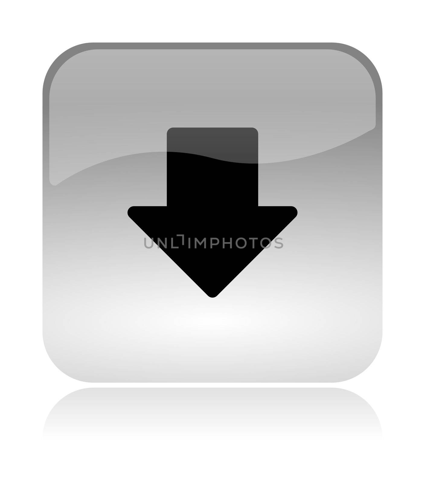 Down arrow bottom, white, transparent and glossy web interface icon with reflection