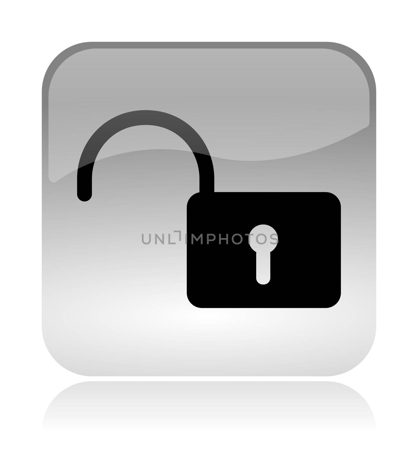 Unlock security padlock white, transparent and glossy web interface icon with reflection