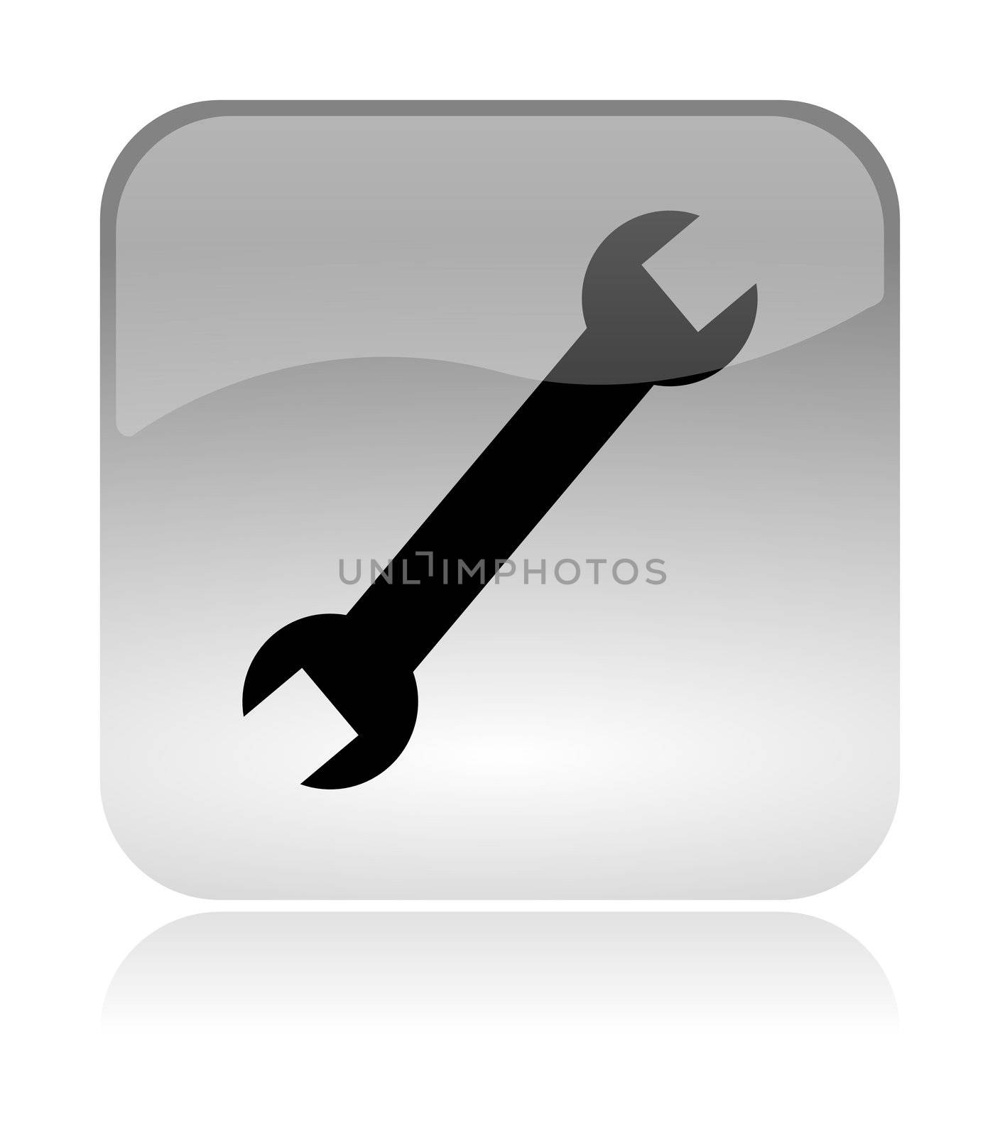 Wrench, settings, white, transparent and glossy web interface icon with reflection