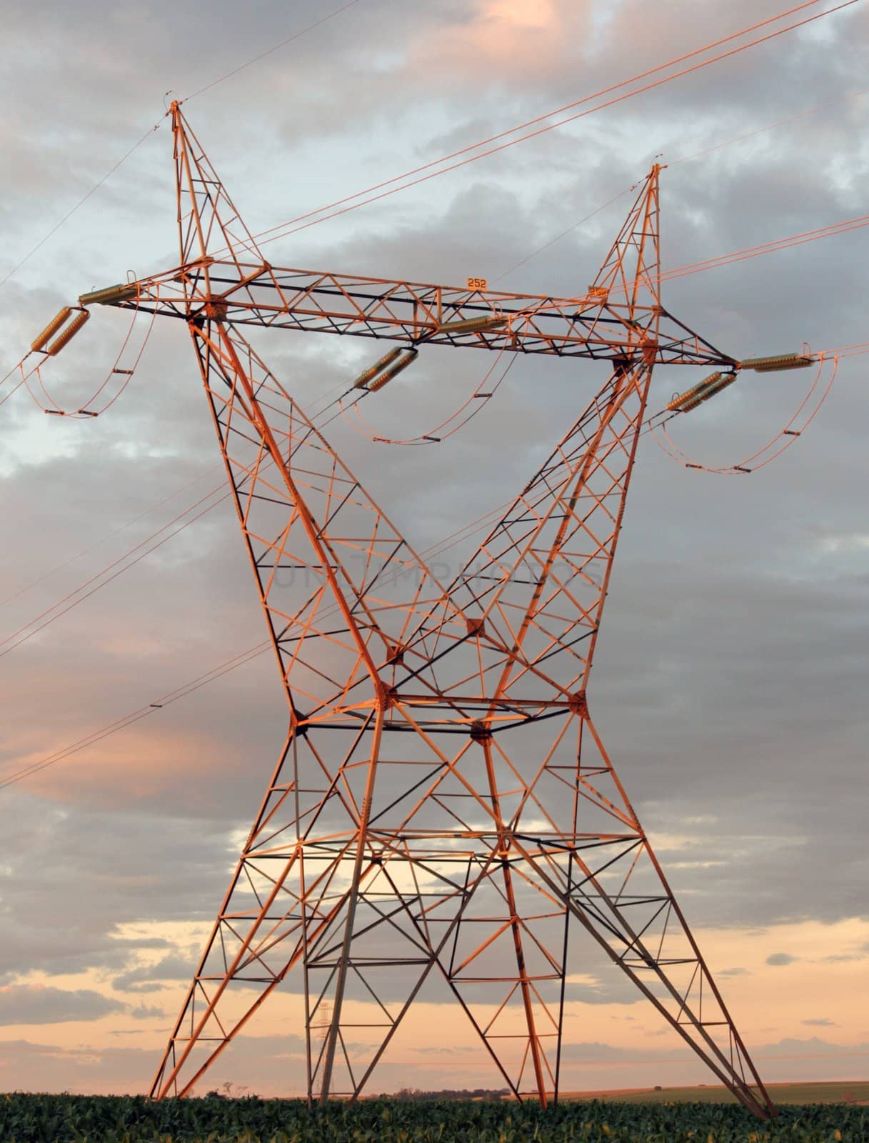 Eletricity tower providing energy distribution over sunset