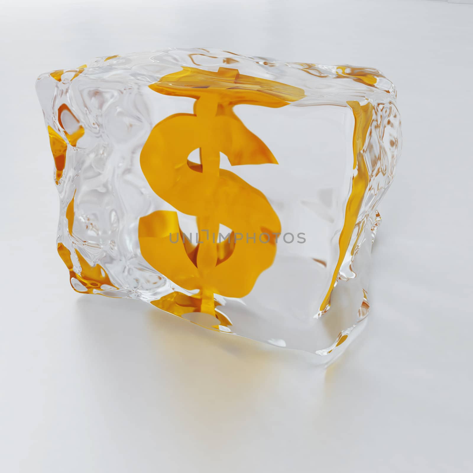 block of ice with symbol of dollar frozen inwardly on a light background