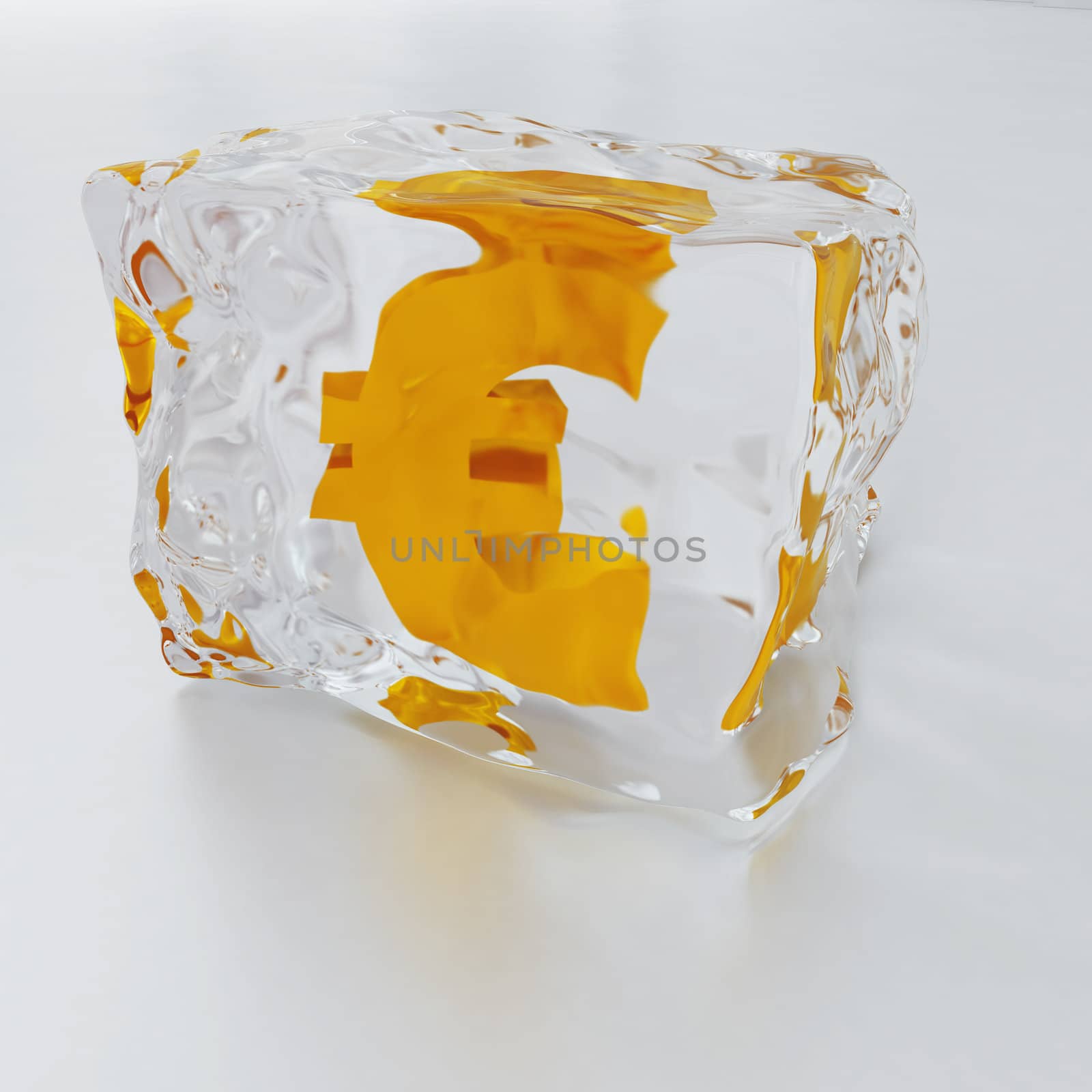 block of ice with symbol of euro frozen inwardly on a light background